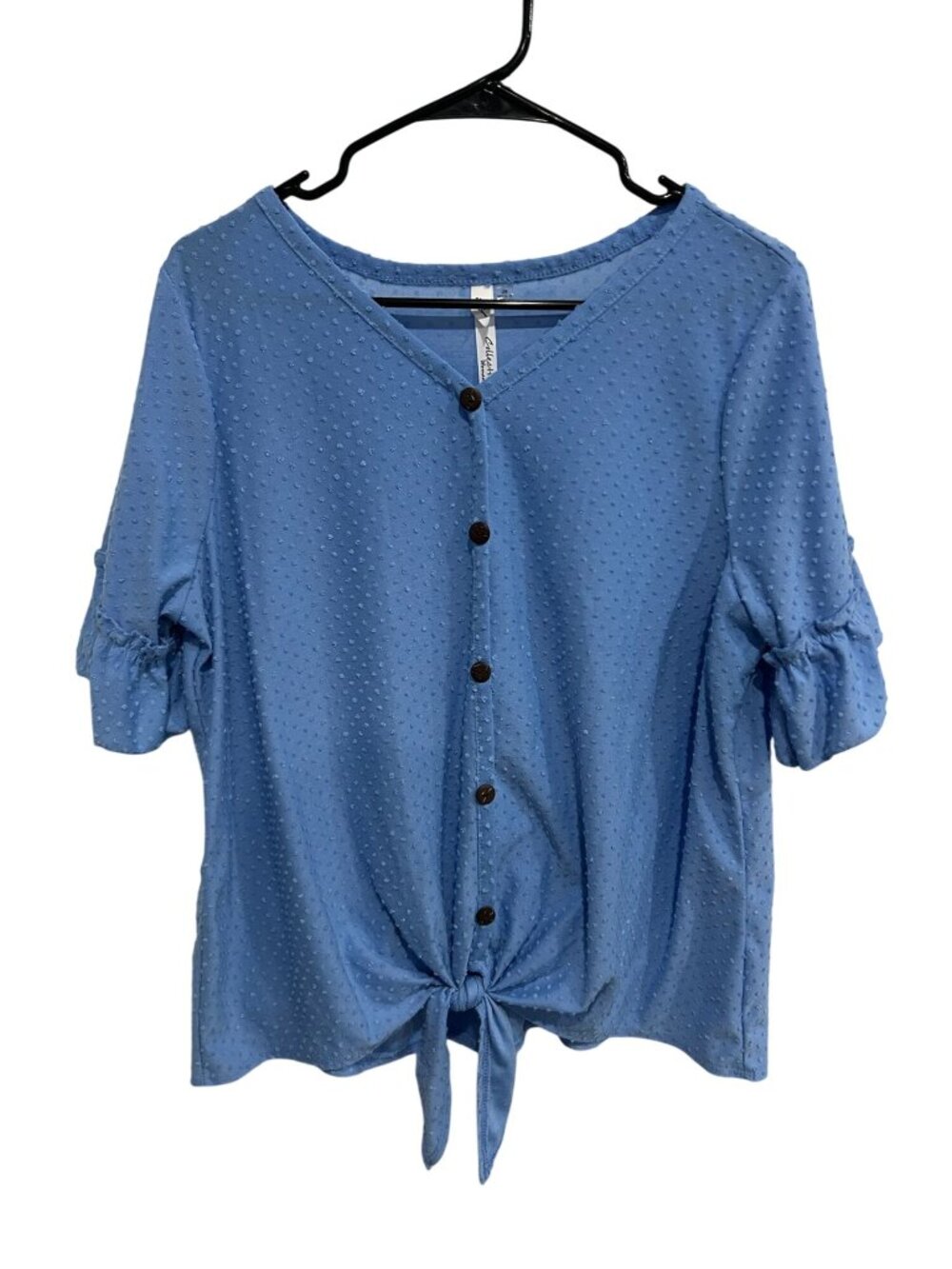 NY Collection 2X Blue Tie-Front Textured Ruffle Blouse Boho Chic Romanticcore